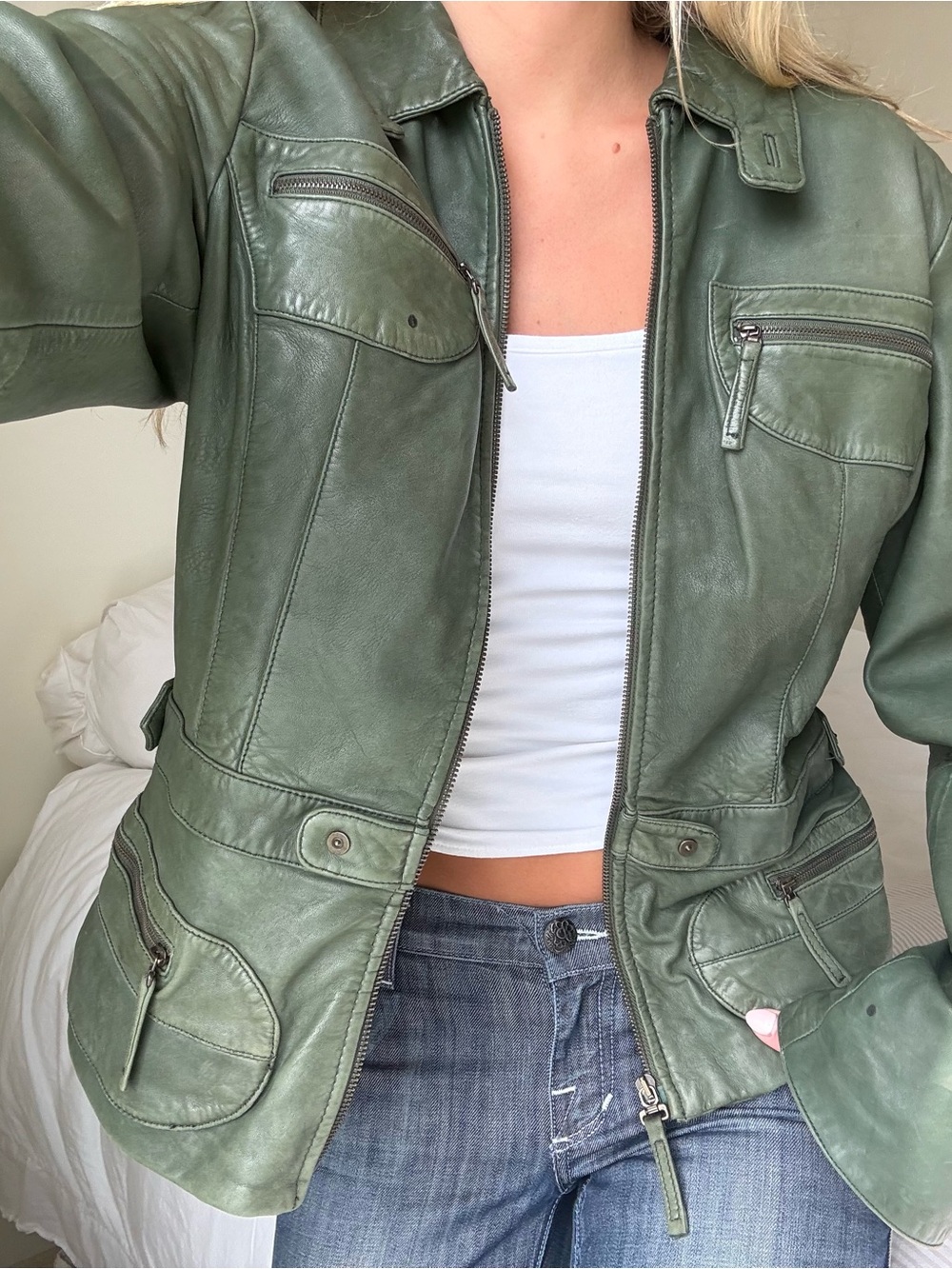 vintage Olive Green Leather Jacket